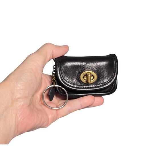 90s Coach Vintage Black Leather Mini City Bag Coin Purse Keychain Fob Charm - Picture 2 of 15
